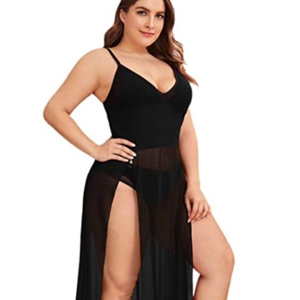 Women's Black Plus Size Mesh Split Hem Maxi Sleepwear Dress Panty Lingerie Set